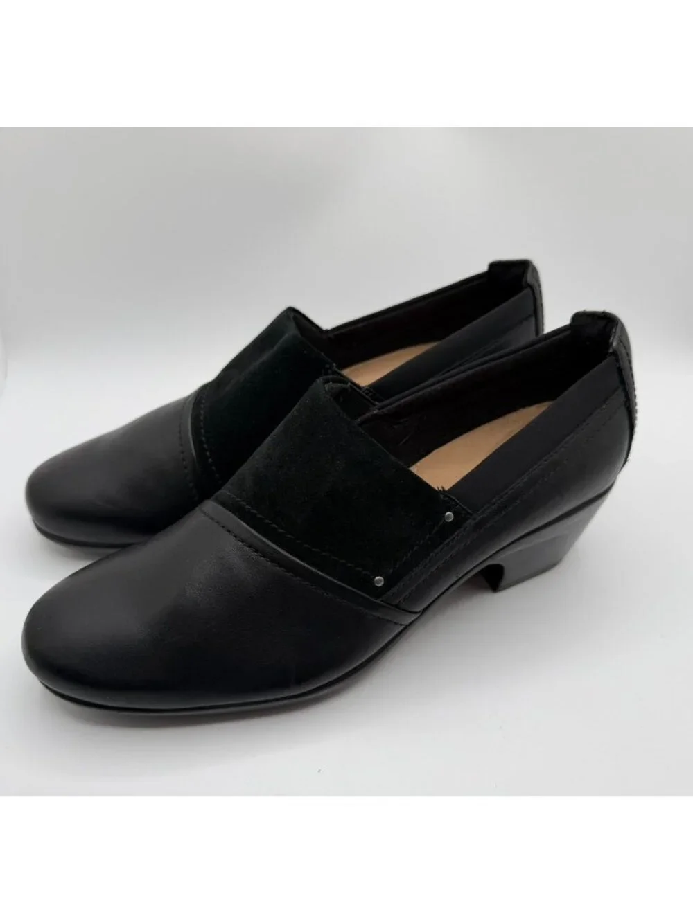 Clarks Emily Step Heel Loafers Women's Size 10M Black Leather/Suede Work Shoes
